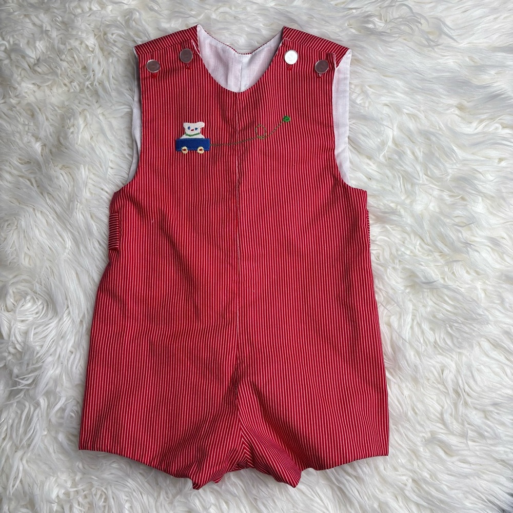 Vintage Red and White Striped Baby Romper with bear